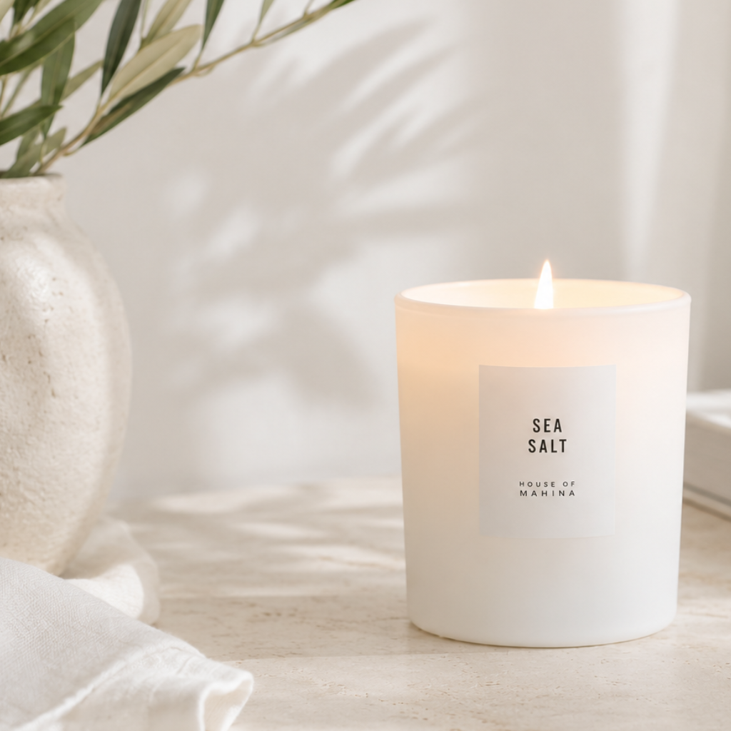 House of Mahina Sea Salt candle in serene setting
