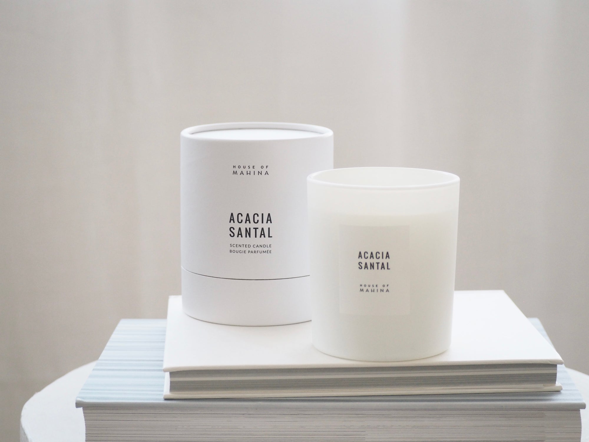House of Mahina Acacia Santal Classic Candle and Packaging