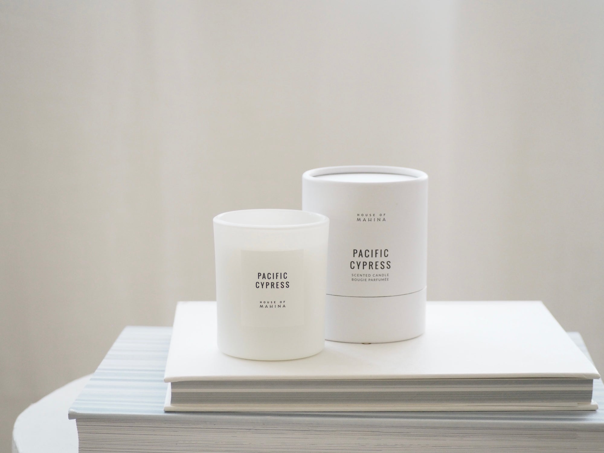 House of Mahina Pacific Cypress Petite Candle and Packaging