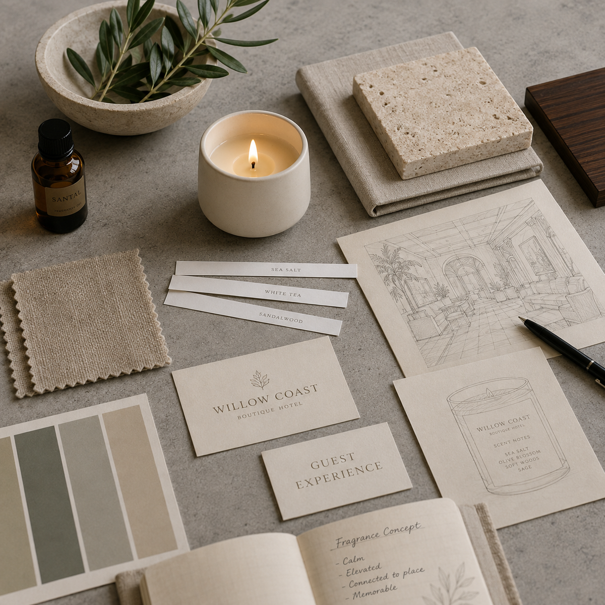 Design materials for a curated fragrance collection inspired by place, including candle vessel, scent strips, branding concepts, and natural textures.