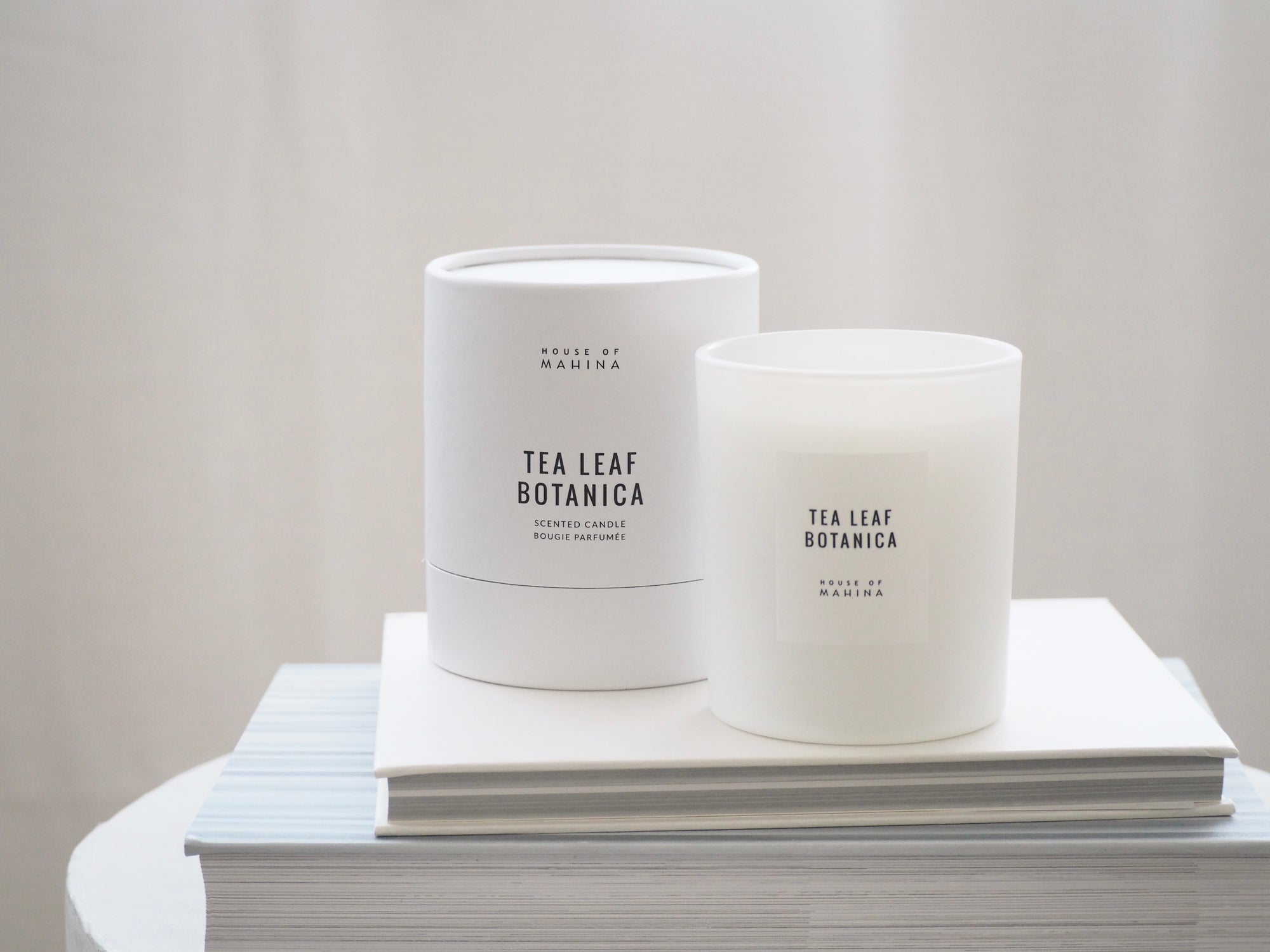 House of Mahina Tea Leaf Botanica Classic Candle and Packaging