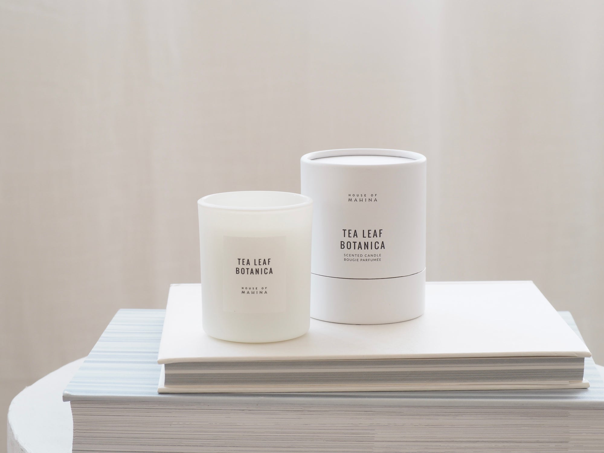House of Mahina Tea Leaf Botanica Petite Candle and Packaging